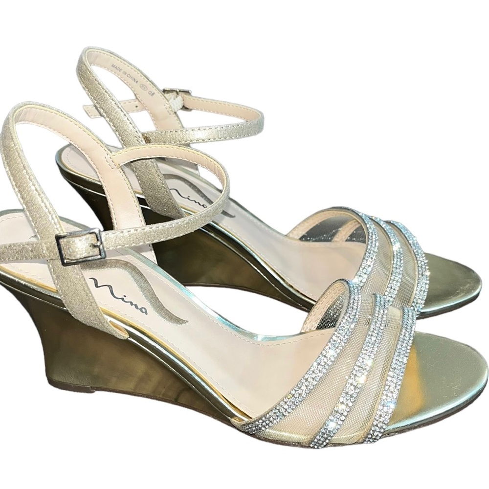 Nina Metallic Gold Wedge Sandals with Rhinestone Straps